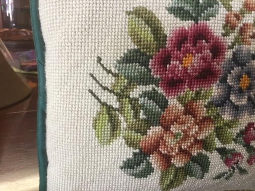 Vintage Needlepoint Floral Pillow-11 X 11-Dark Green Cotton Back-Excellent Cond-