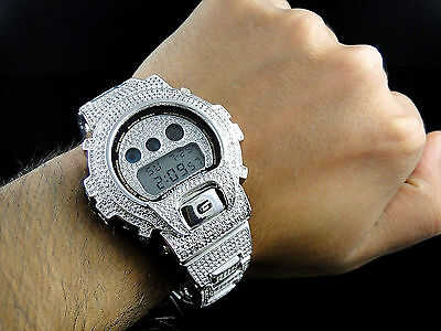 Pre-owned King Of Jewelz Brand Men's Real G-shock Simulated Diamond Watch+ Bezel+watch Band 10 Ctw In Silver