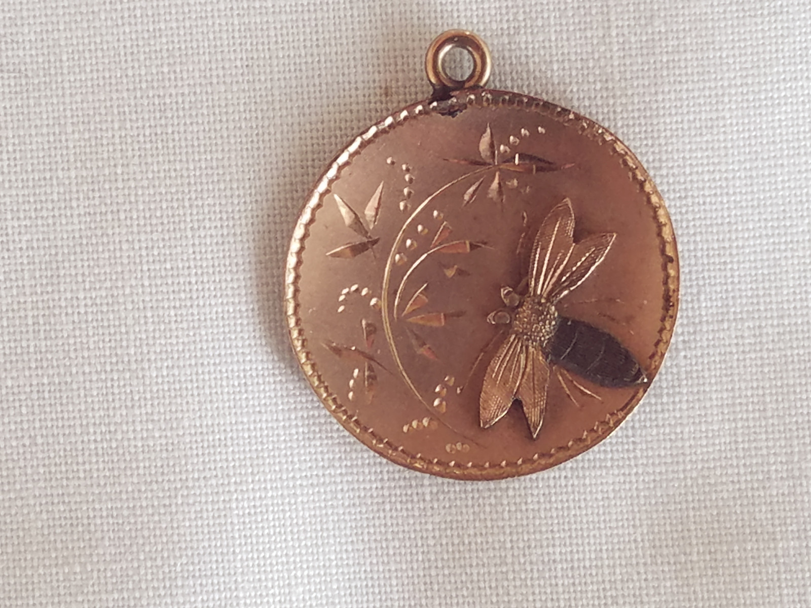 Victorian 10K Rose Gold Charm with Engraved Decoration and Applied Bug