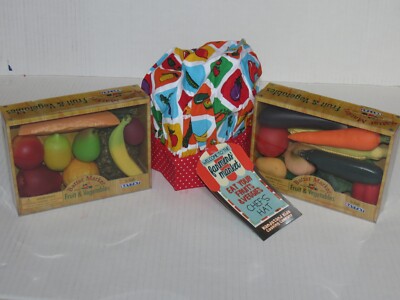 Battat Market Pretend Food - Vegetables And Fruits Very Realistic 2 Boxes + Hat