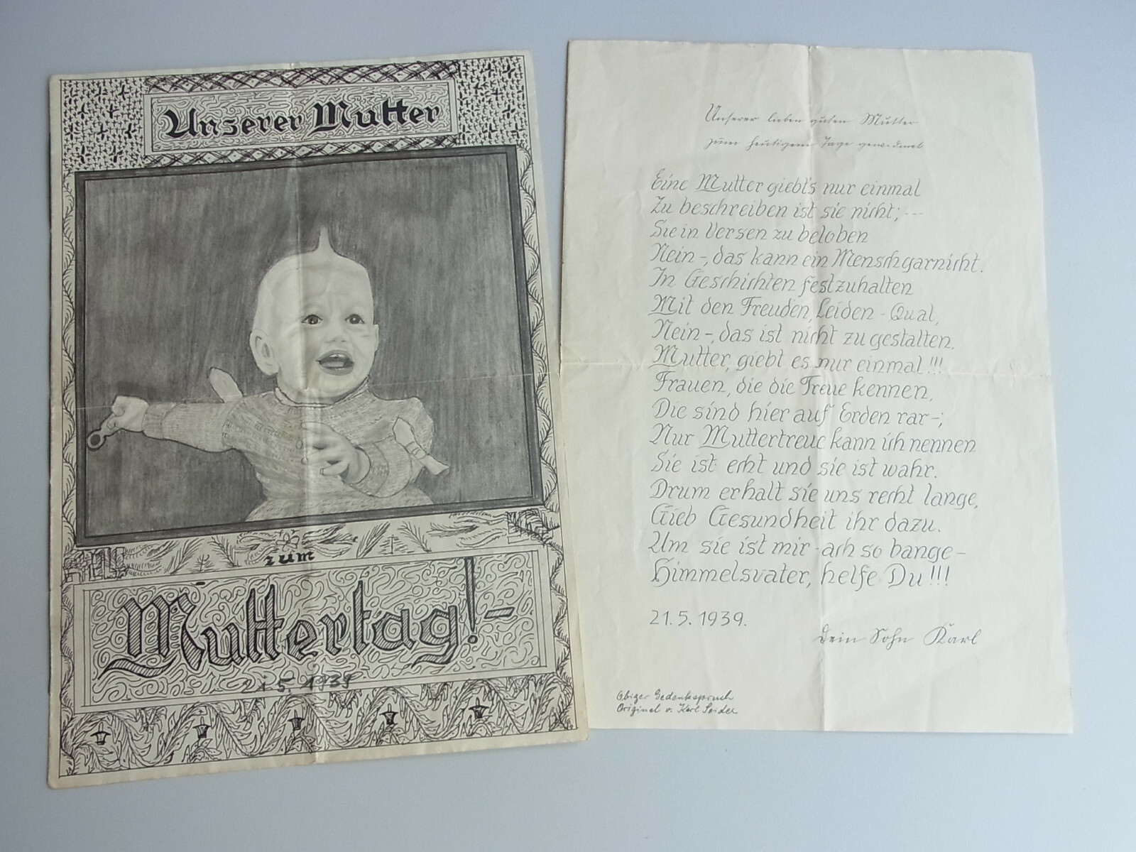 Zeichnung (Baby) und Gedicht zum MUTTERTAG 1939 -- Karl SEIDER