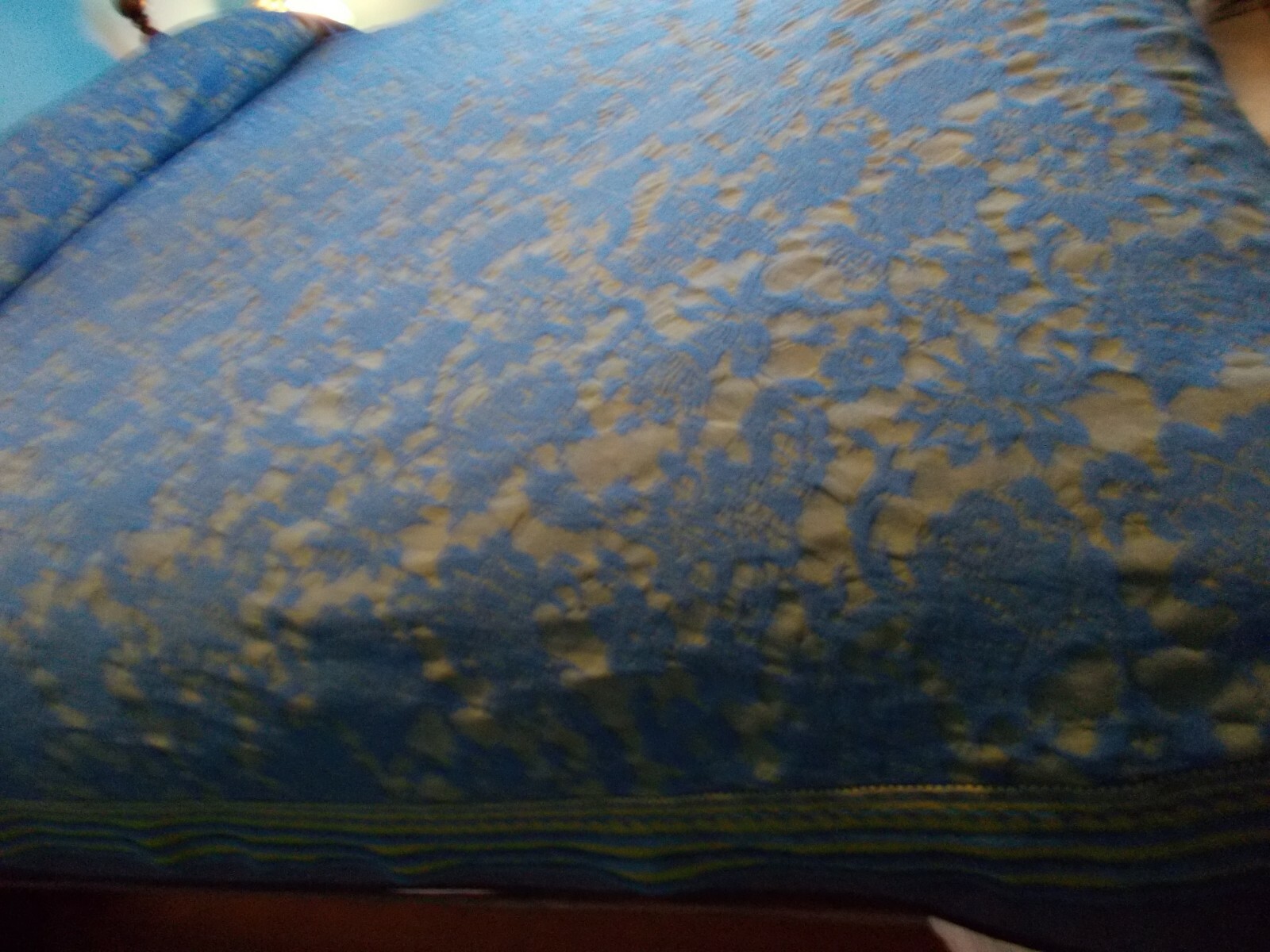 Vintage Bedspread Blue Green Nottingham Damask Solid Fringe Queen 106