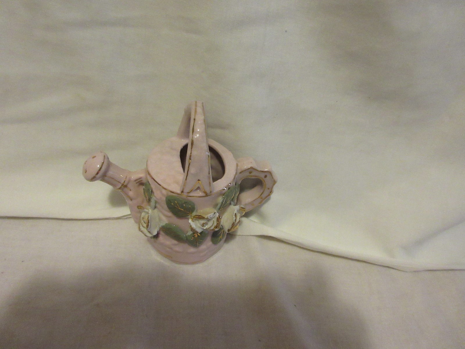 Vtg Porcelain Pink Watering Can Pitcher W/Raised White & Gold Roses - 52 of 65