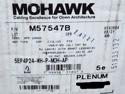 Belden Mohawk M57547 24/4P CAT5e LAN UTP Networking Cable Plenum White /100ft