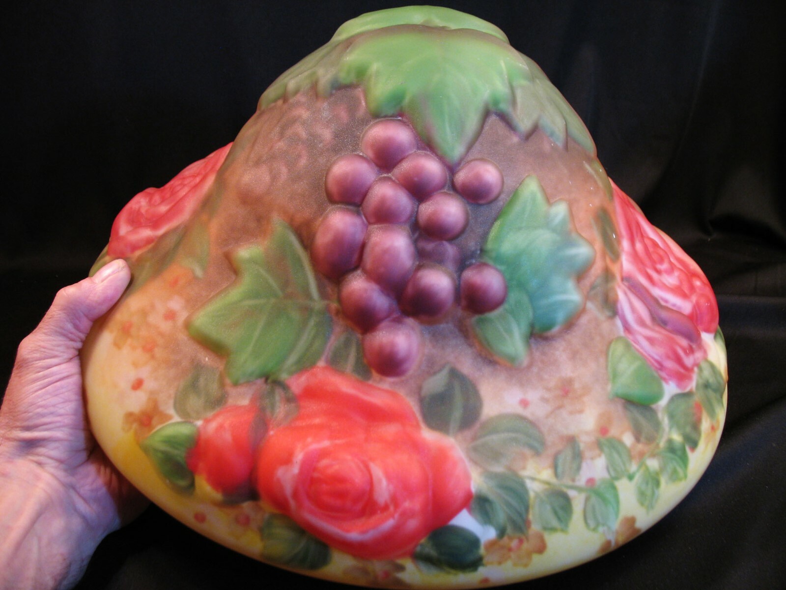 Gorgeous Vintage Pairpoint Like Reverse Painted Puffy Roses Grapes Lamp Shade