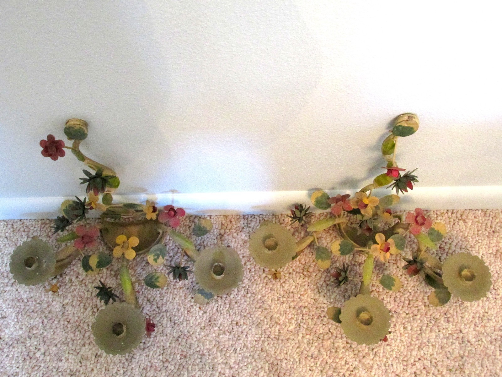 Pair Vintage Tole Painted Flower 3 Arm Metal Candelabra Shabby Wall Sconce Set