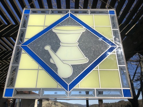 Vintage RX Rexall Drugs Glass Hanging Window Sign Mortar & Pestle Pharmacy