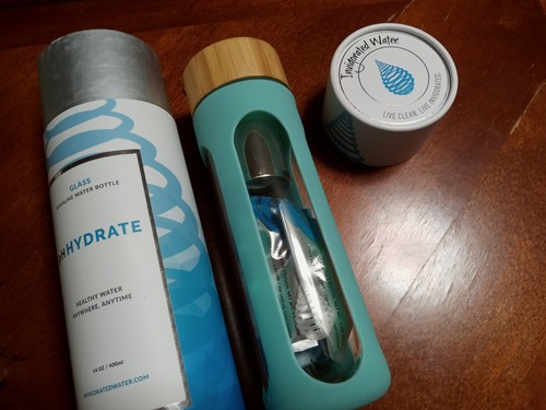 NIB Invigorated Water alkaline glass bottle w/ filter ph balanced aqua blue