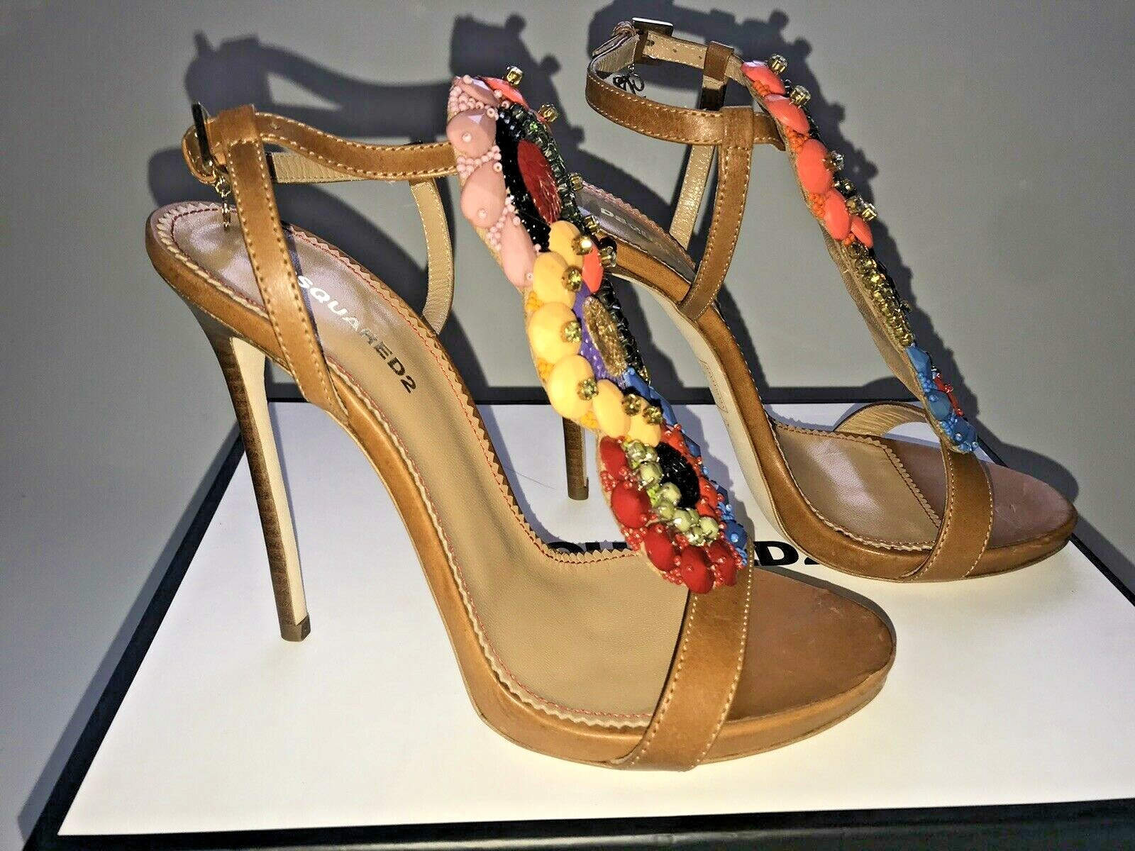 Pre-owned Dsquared2 7 7.5 Brown Beaded Embellished Strappy Stiletto Party Sandals $890