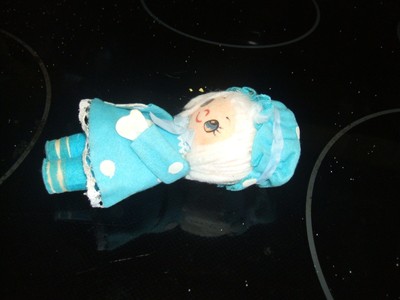 Vintage Little Felt Doll  Blue Hand Painted Face  