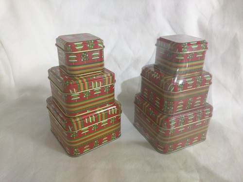 2 sets / 6  Mini Stackable Art Deco Christmas Holiday Tins Trinket Gift Cubes