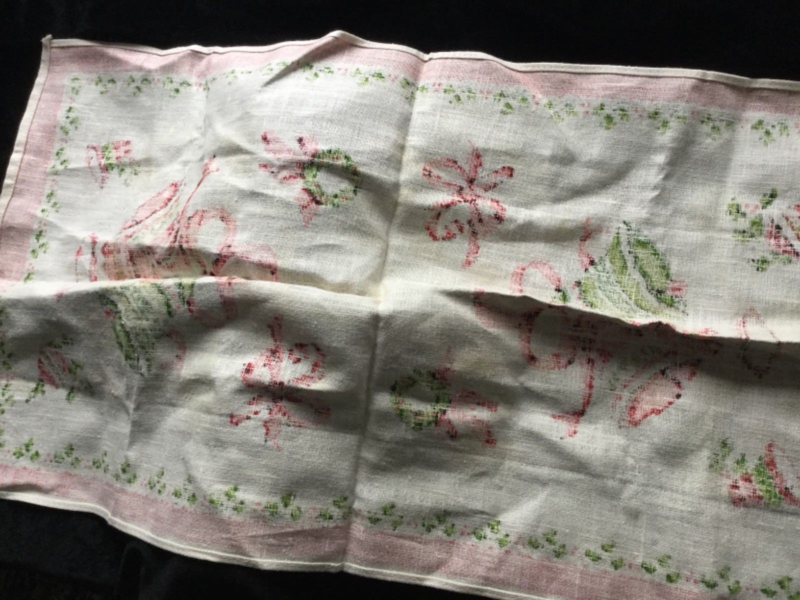 Vintage Christmas Linen Tea Towel - Bells, Wreaths, Candy Canes - 28