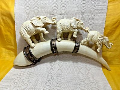 16'' Carved Resin Faux Tusk ''Parade of Elephants'' Sculpture