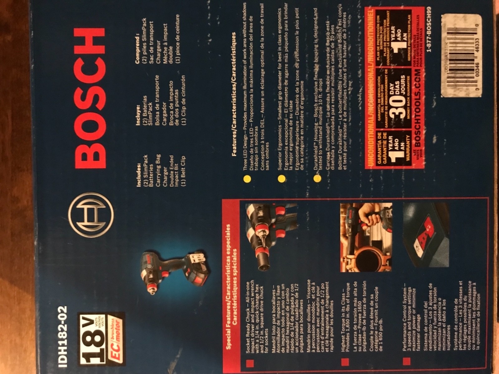 Bosch 18v 1/4 hex impact driver and 1/4 inch square drive wrench, two batteries