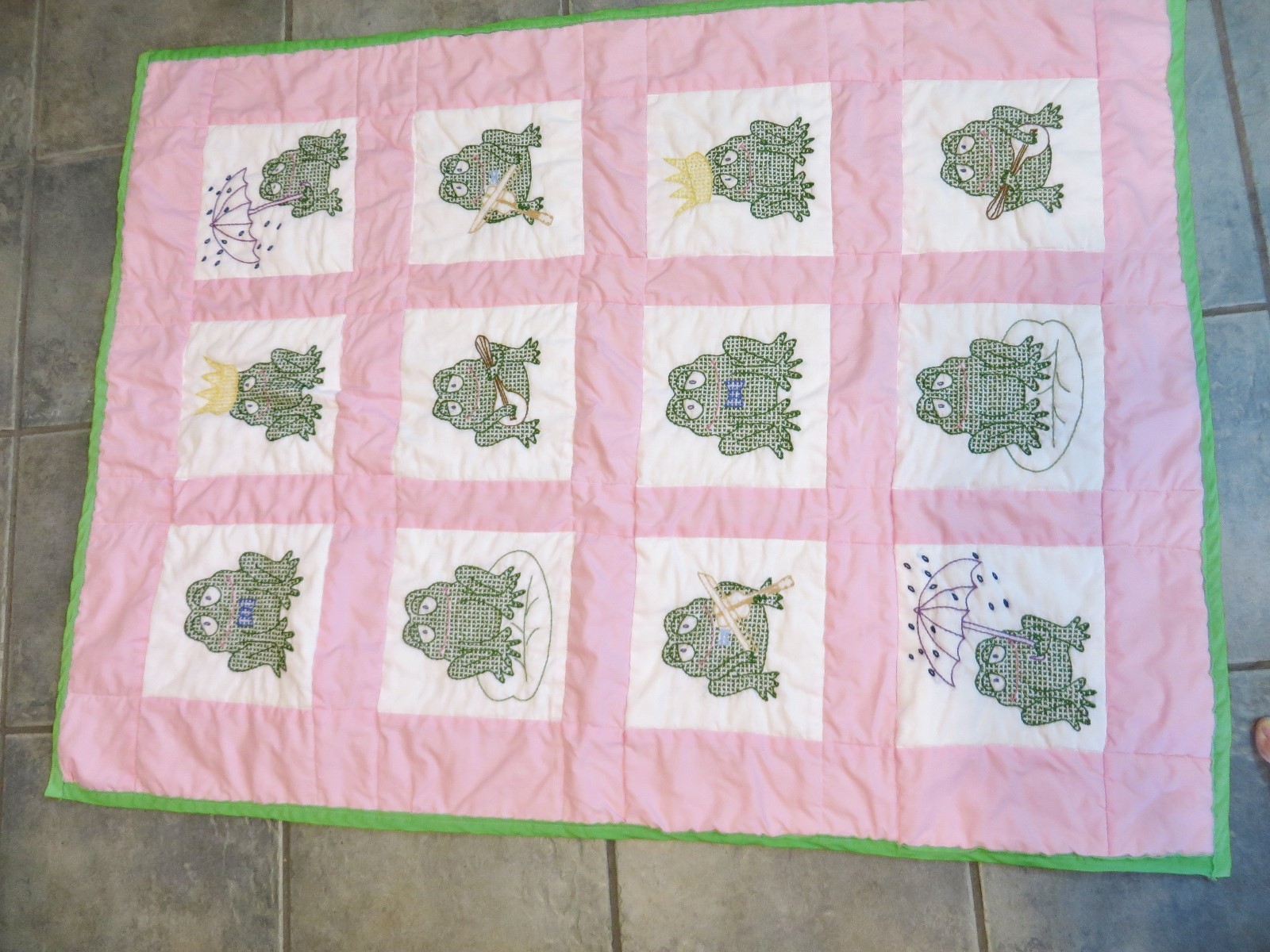 HANDMADE FROG QUILT BABY EMBROIDERED PINKS AND GREENS