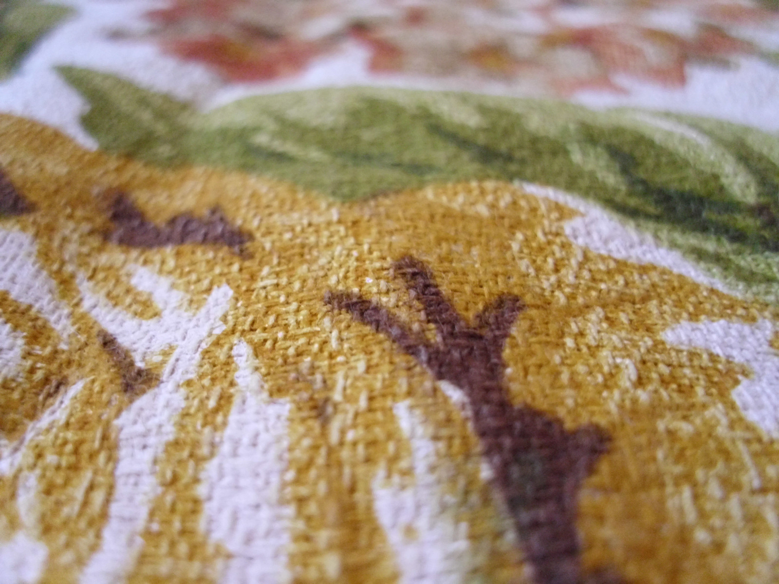 Vintage 70s Barkcloth Fabric Roses Green Yellow Brown Orange 51