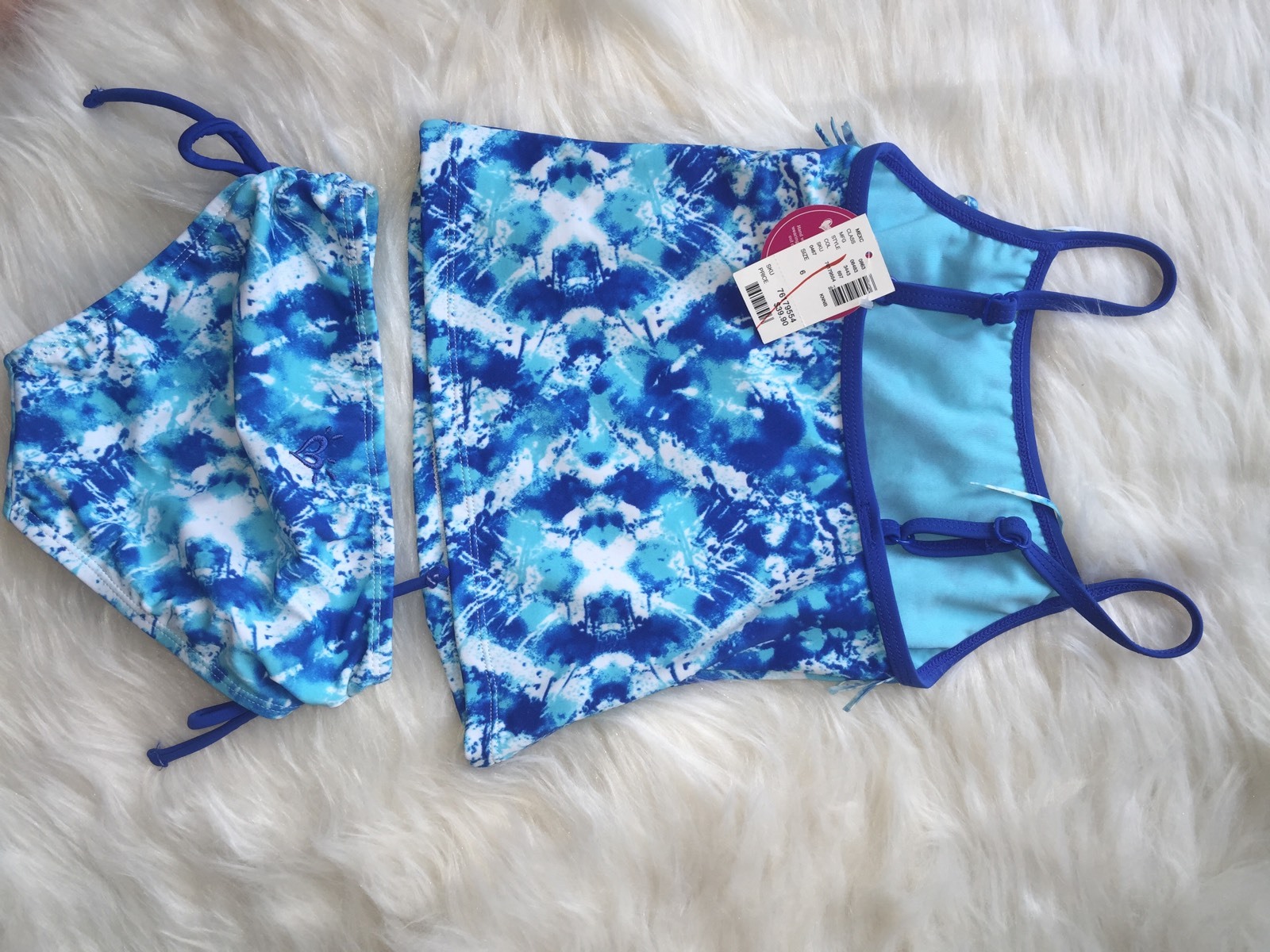 Justice Girls size 6 tankini fringe tie dye Blue swimsuit New