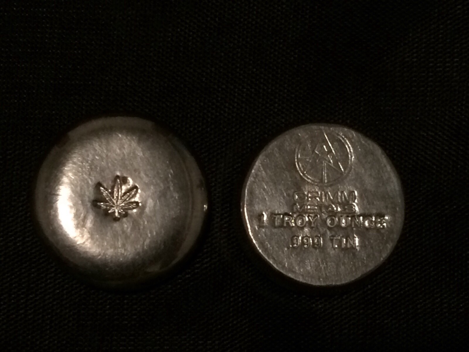 1 Troy Ounce .999 Fine Tin Buillion BUTTON/ ROUND HEMP LEAF DESIGN