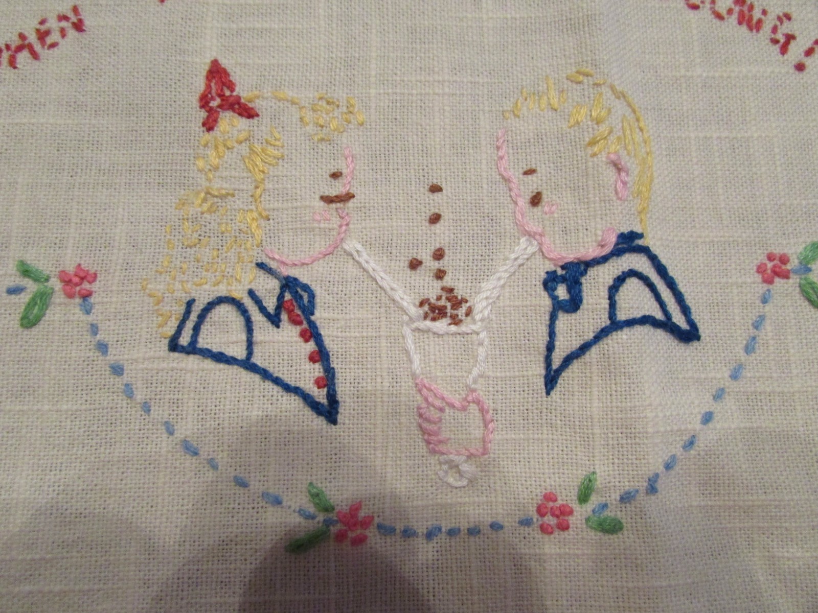 VINTAGE EMBROIDERED TEA TOWEL - WHEN YOU AND I WERE YOUNG!