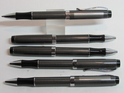 LOT OF 5 TERZETTI ''CHECKER'' METAL BALLPOINT PEN-CHROME TRIM-VELVET POUCH