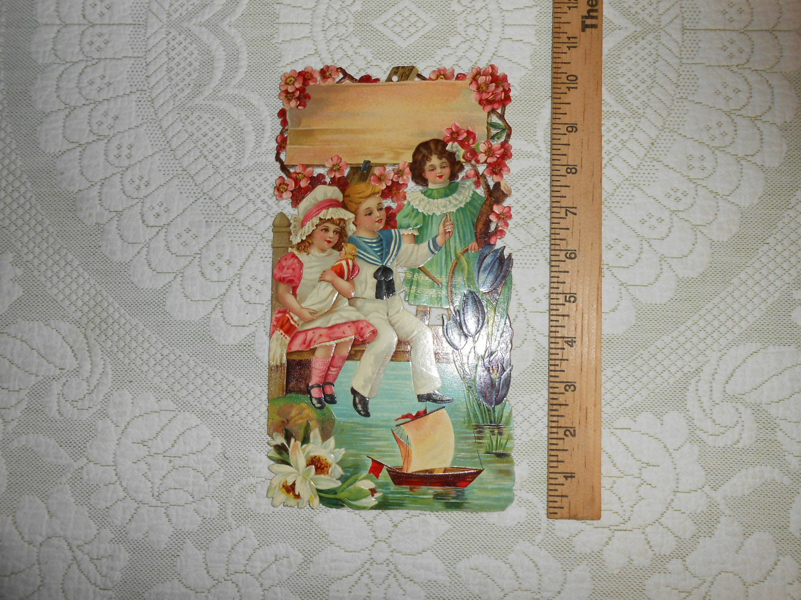 Large 1900 Antique Victorian Die-Cut Sign Kids Playing With Toy Boat  NOS