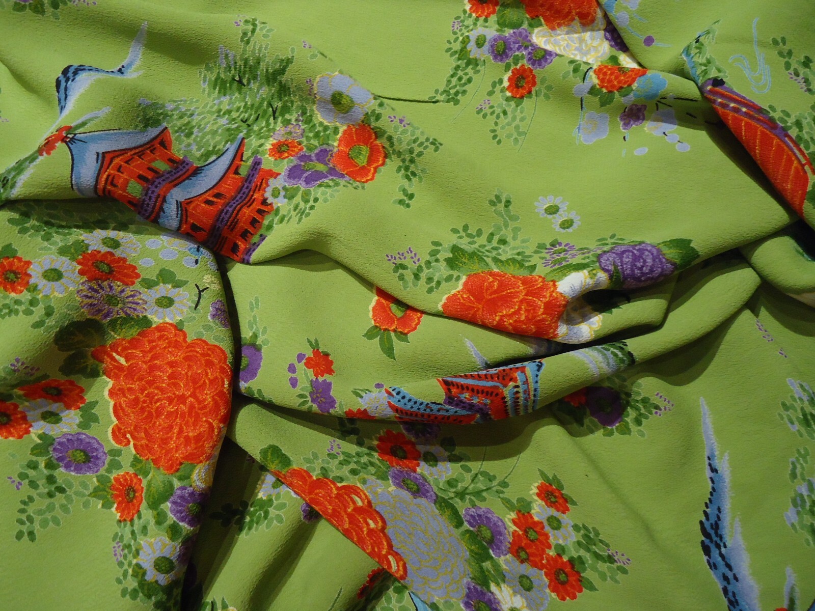 Vintage Rayon Dress Fabric Spring Green Asian Print 7 1/2 yards