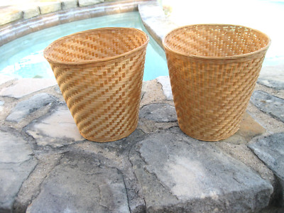 Two Vintage Tall Bamboo Baskets from UK 9''x9''  Wastebasket Plant Holder Decor