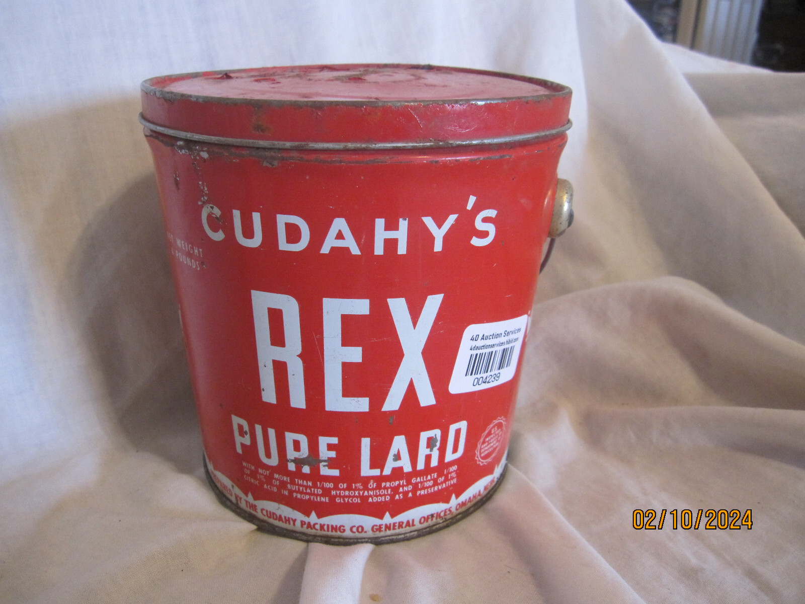 Cudahy's REX Pure Lard, 4 pound vintage can red 6.5
