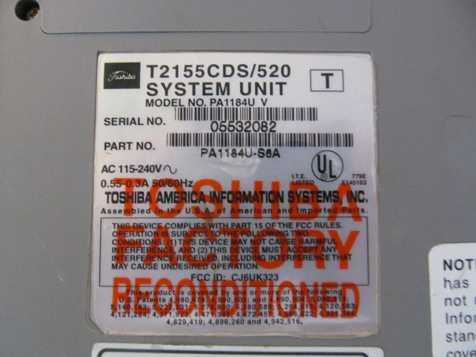 TOSHIBA T2155CDS/520 LAPTOP ( sold as is)