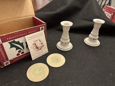 Pair of Longaberger Pottery 5''  Candlesticks in the Traditional Holly Pattern