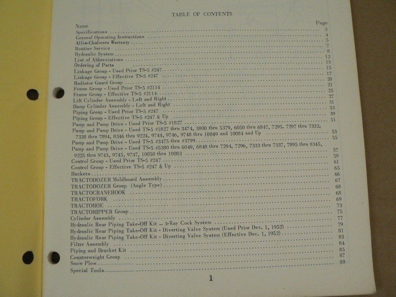 Allis Chalmers TS-5 Tractor Shovel Owner Manual Repair Parts Catalog 1960