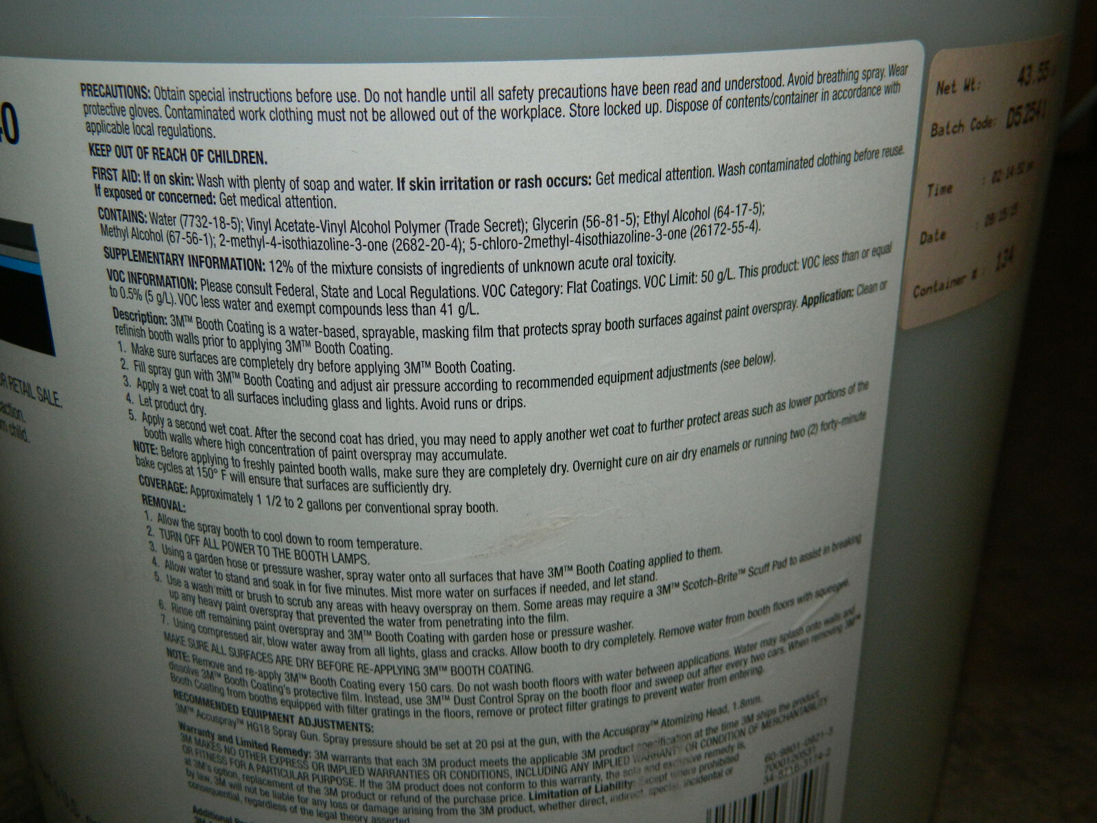 (1) NEW 3M 06840 BOOTH COATING 5 GALLON PAIL WATER-BASED SPRAYABLE MASKING FILM