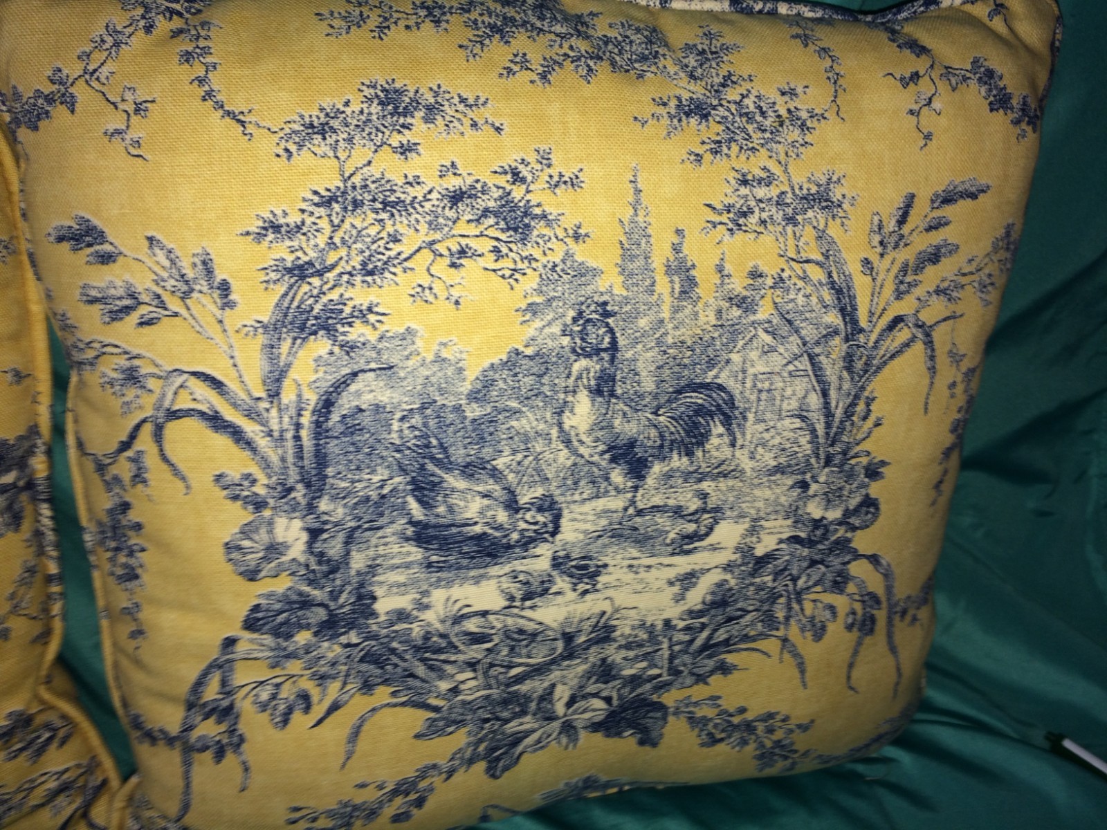 2 Waverly La Petite Ferme Blue & Yellow Gold Rooster French Country Toile Pillow