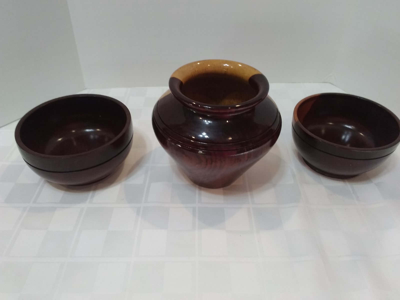 HANDCRAFTED LATHE TURNED WALNUT WOOD  VASE plus 2 bowls