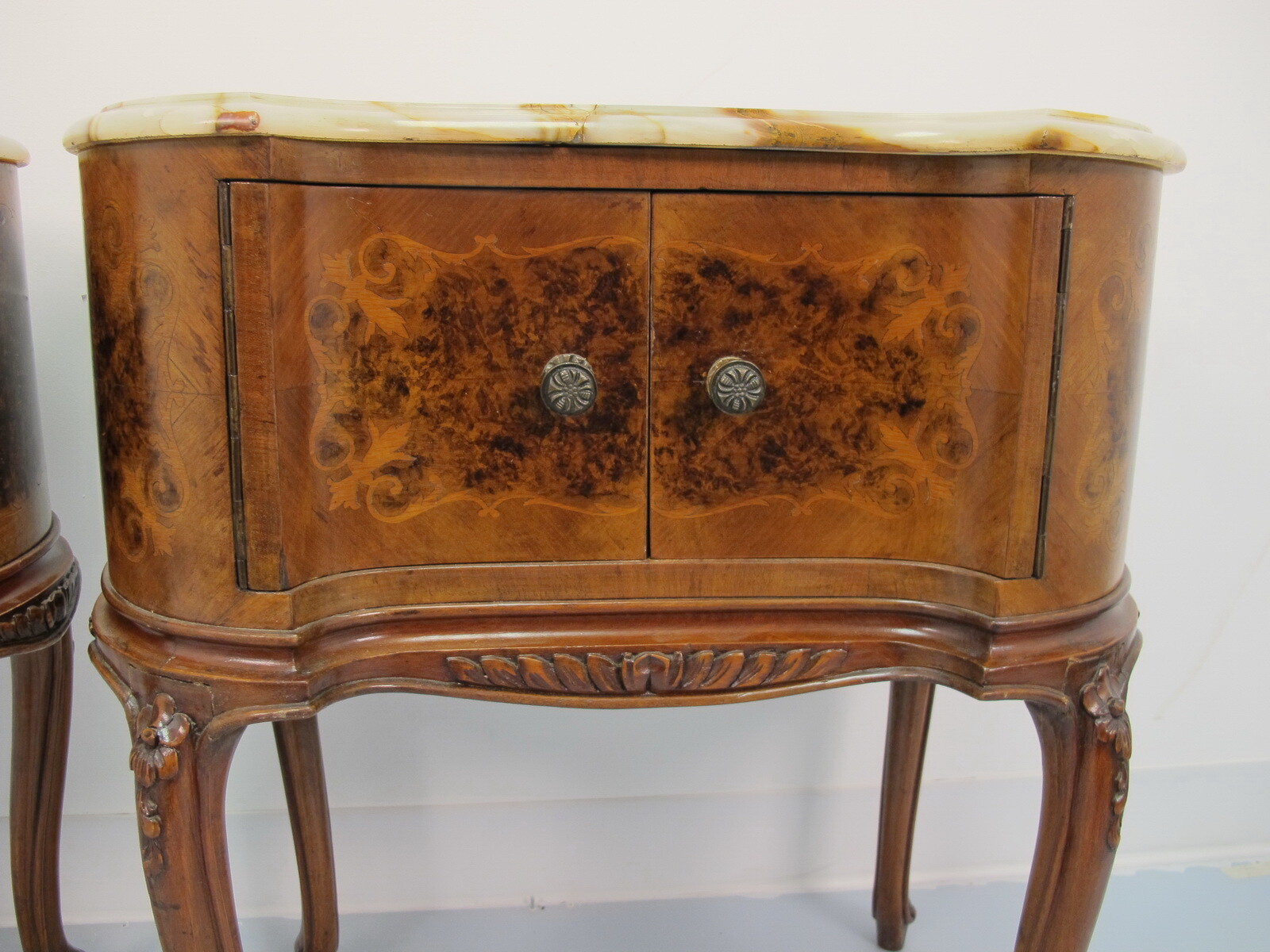 Antique pair of kidney shap marble top nightstands # 11593