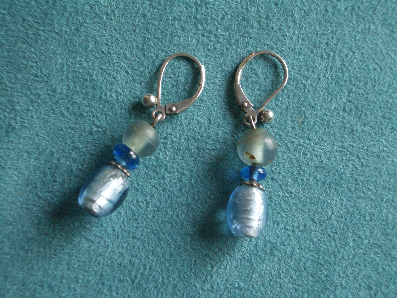 Sterling silver 925 marked beaded blue stone bead dangle lever back earrings