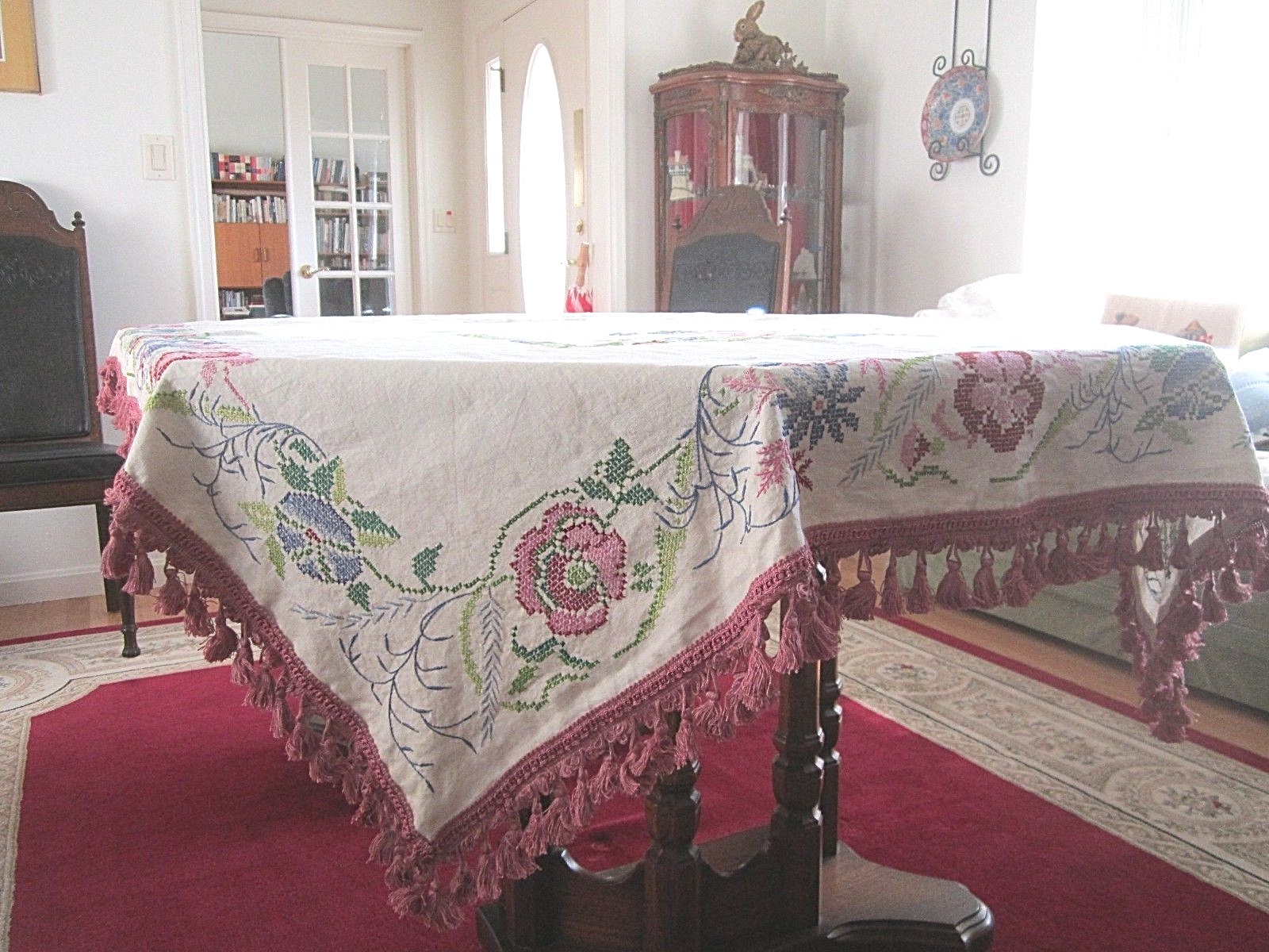 HAND EMBROIDERED LINEN TABLECLOTH~70” X 50” CROSS-STITCH & LUSH FRINGE