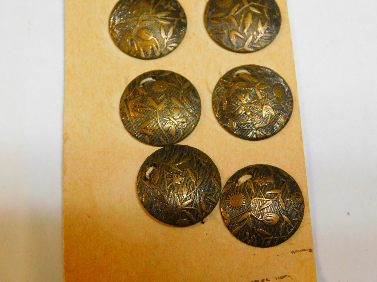 LOT of 8 Vintage Antique Brass Pictural BUTTONS 5/8" Asian Fish Dragonfly Pagoda