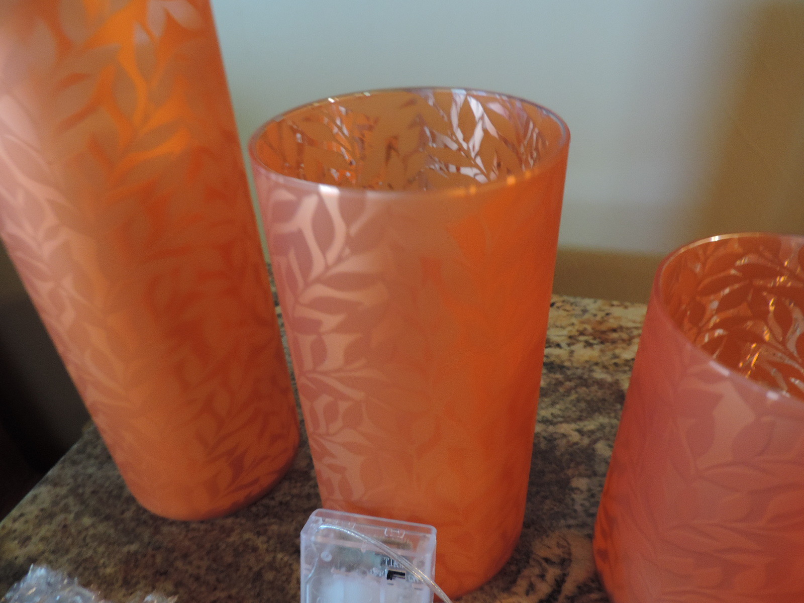 Set of 3 Frosted Glass Pillars with Microlights by Valerie (New) Ruset Orange