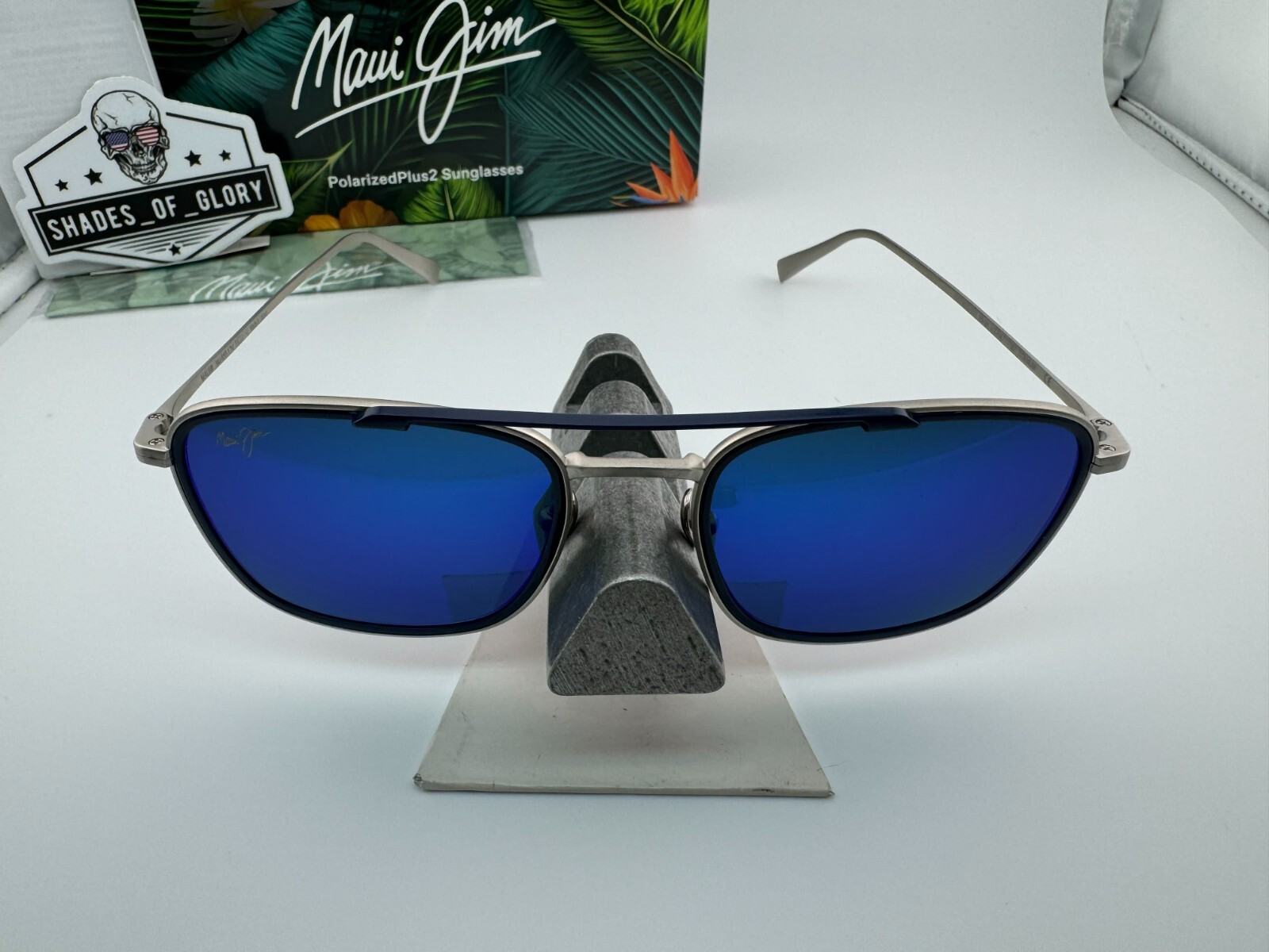 Pre-owned Maui Jim Following Seas Mj 555-17m Silver Blue Hawaii Polarized Sunglasses