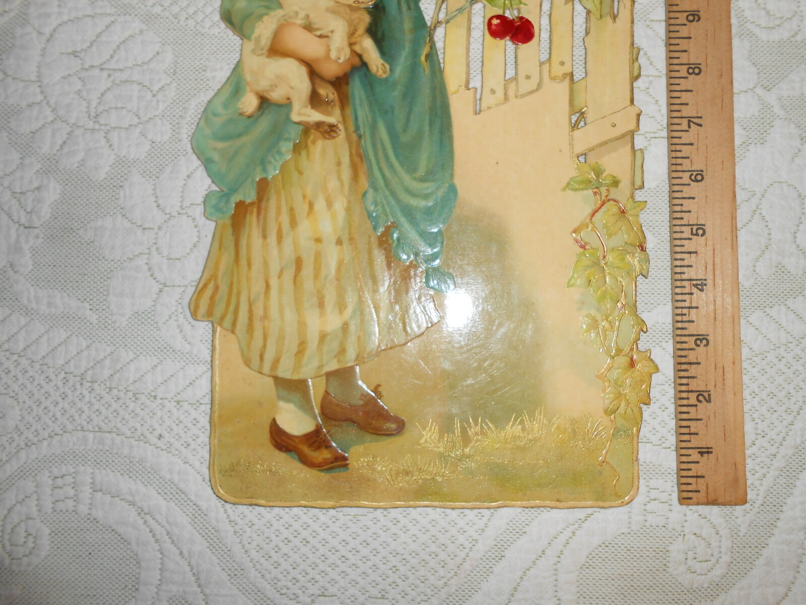 Large 1900 Antique Victorian Die-Cut Sign Little Girl With Puppy Dog NOS