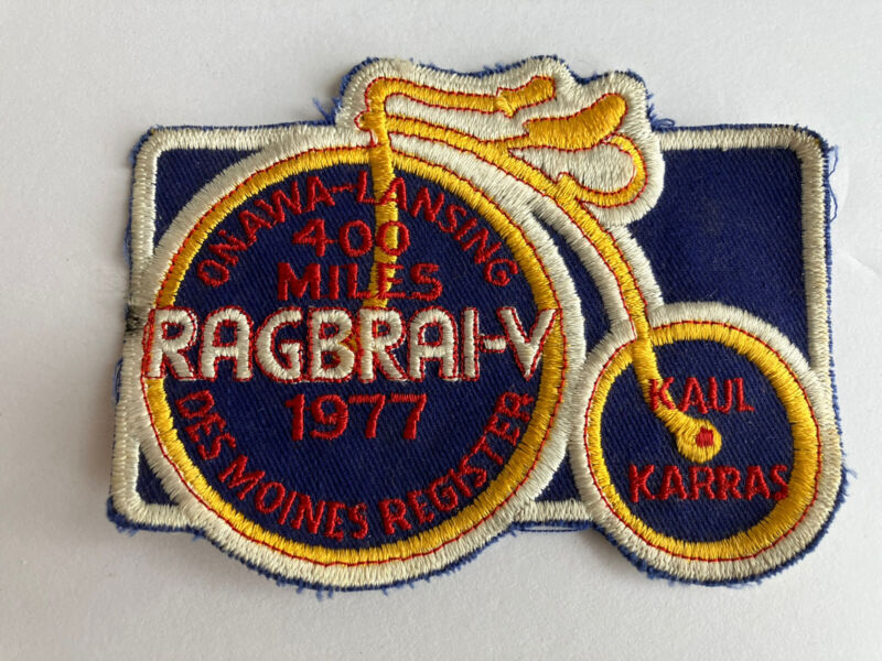 1977 RAGBRAI  V Sew on Patch Des Moines Register Iowa Bike Ride Biking Karras