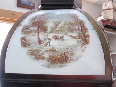 VTG CURRIER & IVES SWAG LAMP 5 GLASS PANEL COPPERTONE FINISH WINTER FARMHOUSE