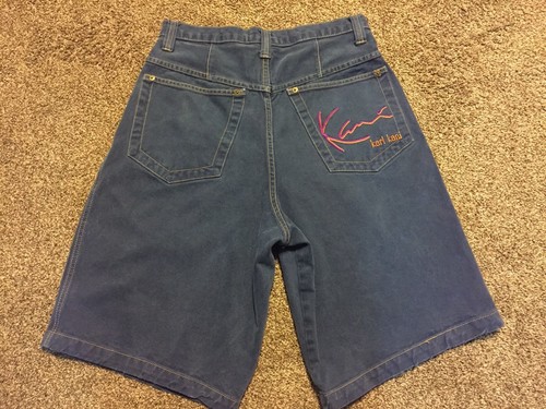 Vintage Karl Kani Jeans Shorts Blue Spell out Orange Purple Hip Hop Era 90’s 30