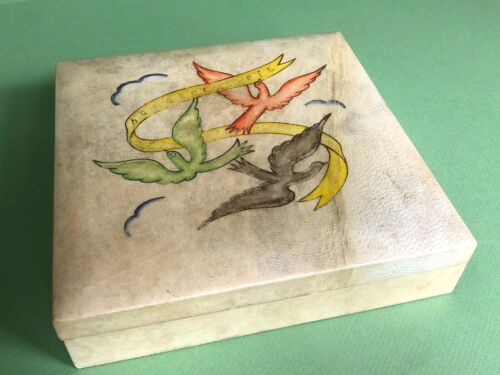 Vtg Antique Hand Painted LEATHER HANDKERCHIEF BOX Hinged Lined ITALY Birds