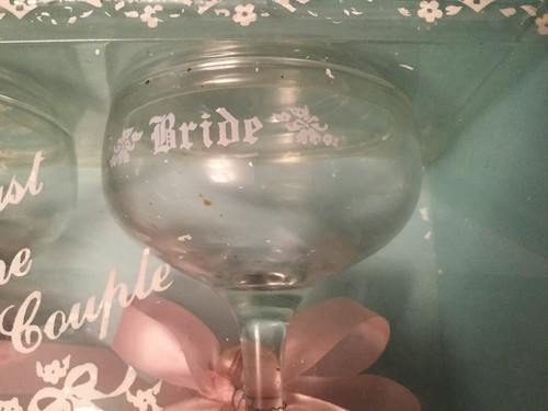 Vintage Wedding Bride & Groom Champagne Glasses Short Wedding Toast Set of 2