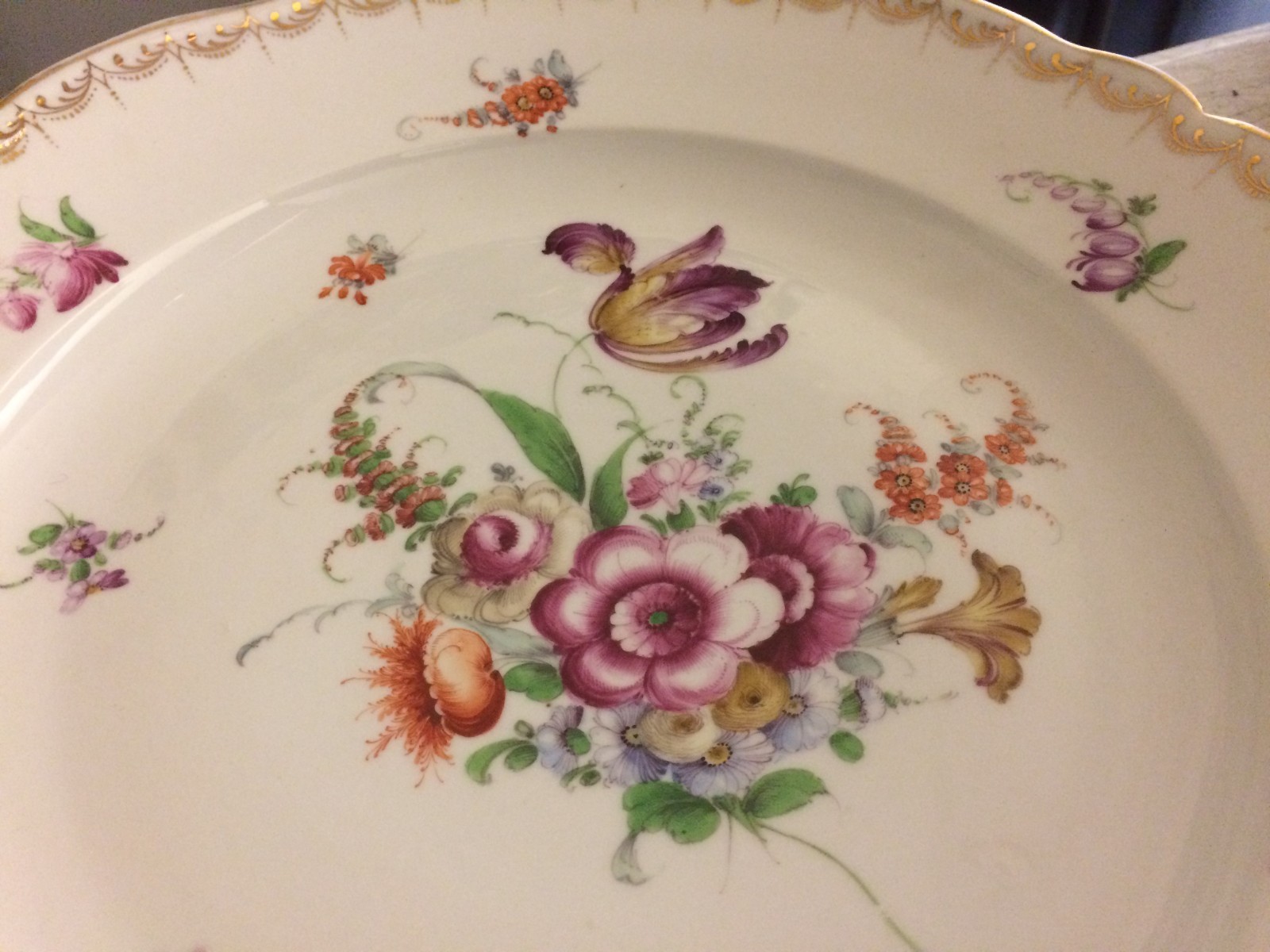 Antique P Donath Germany Large Hand Painted Porcelain Bowl Dresden Flowers Gold