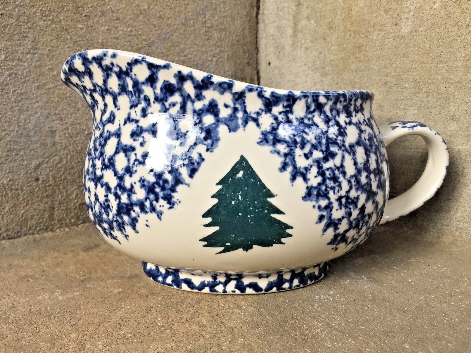 Folk Craft Cabin in the Snow Tienshan Christmas Holiday Gravy Boat Blue Speckle