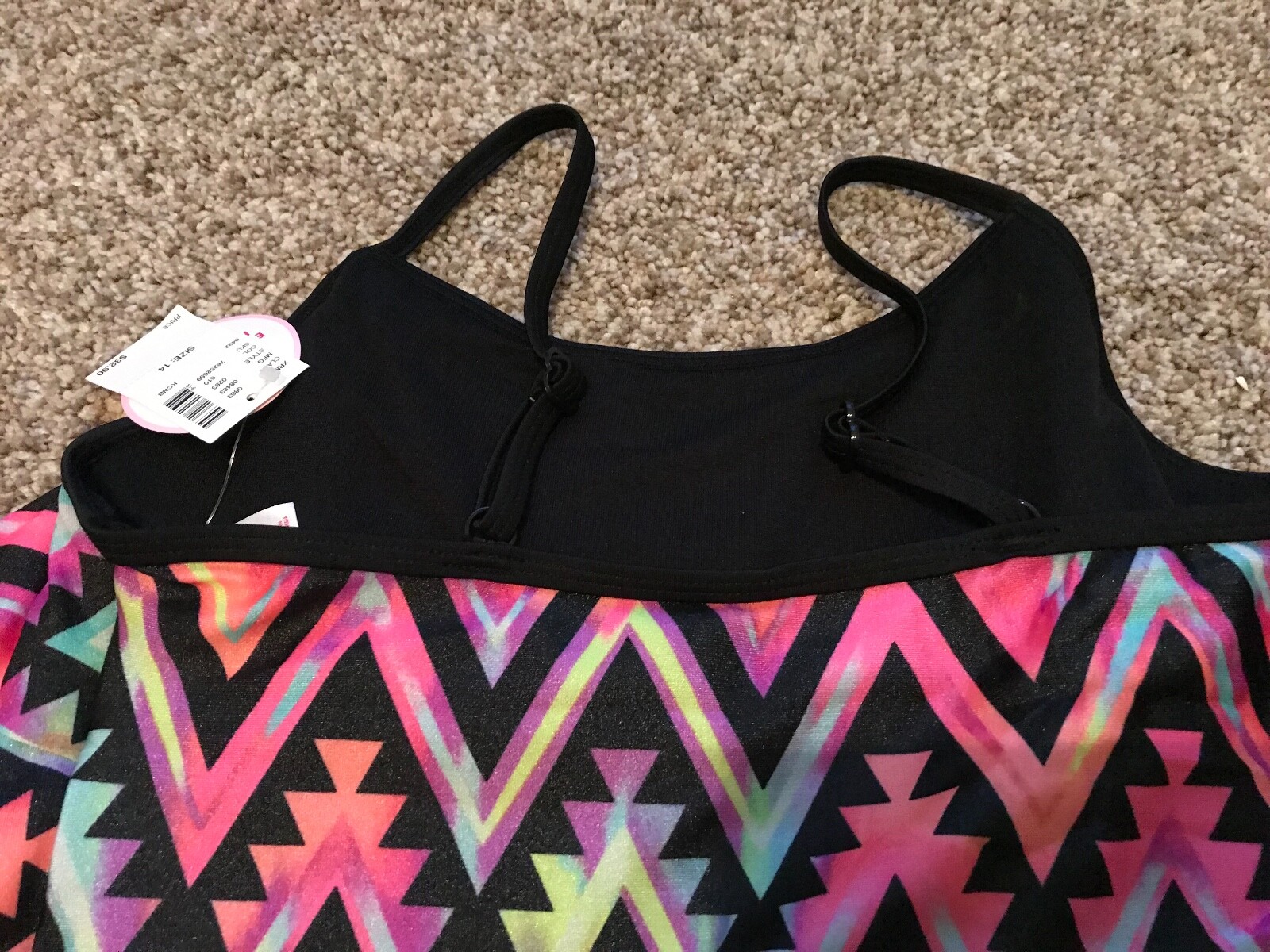 New Justice girl's 2 piece tankini, zigzag, black, size 14