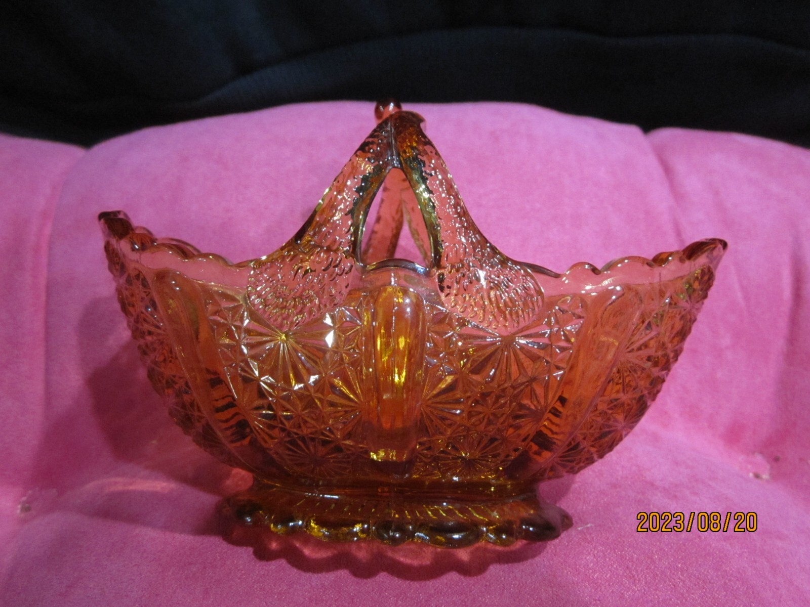 Fenton Glass Amber Daisy & Button Split Handle Mini Basket
